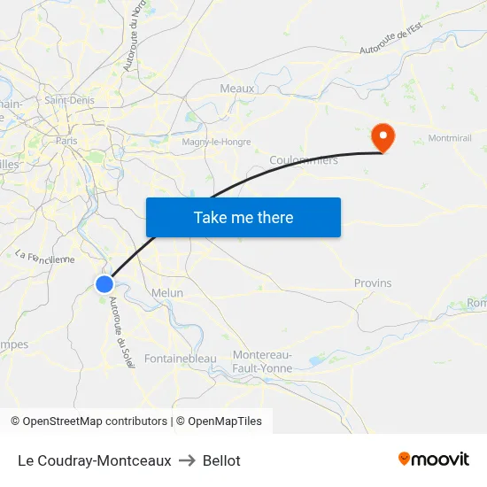 Le Coudray-Montceaux to Bellot map