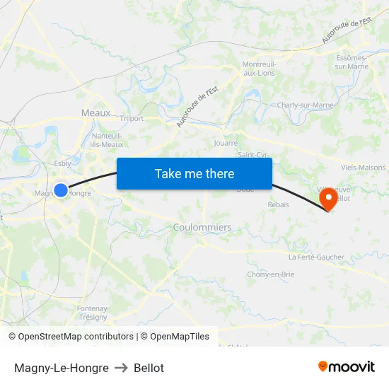 Magny-Le-Hongre to Bellot map