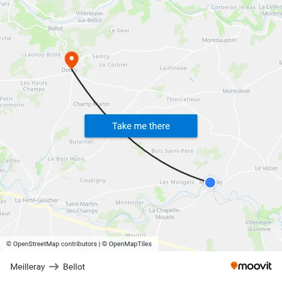 Meilleray to Bellot map