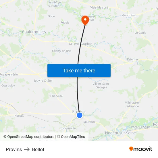 Provins to Bellot map