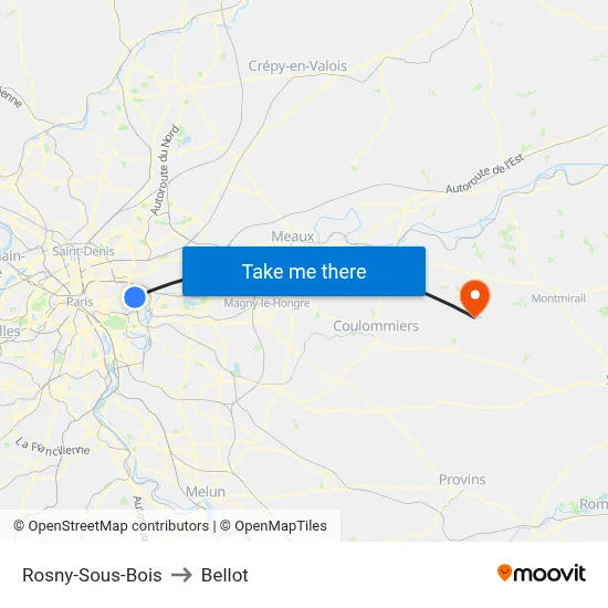 Rosny-Sous-Bois to Bellot map