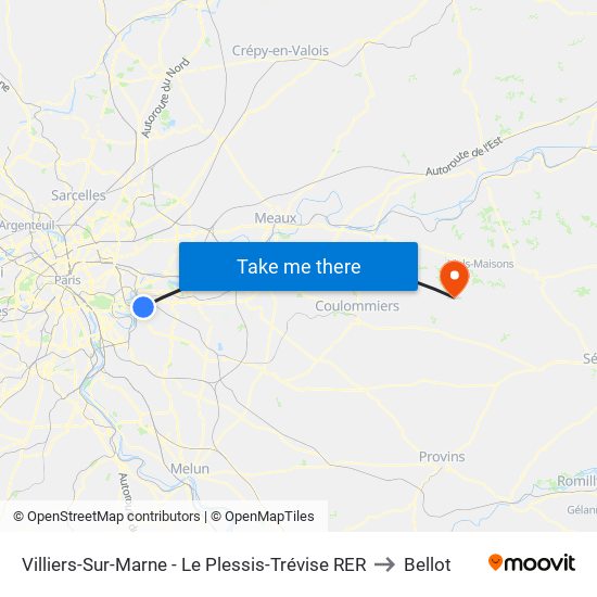 Villiers-Sur-Marne - Le Plessis-Trévise RER to Bellot map