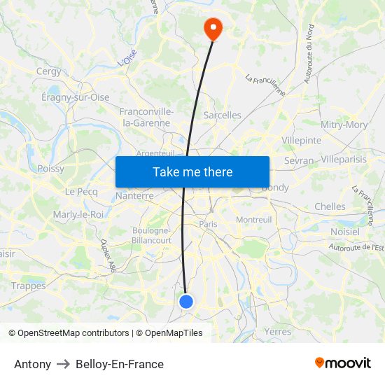 Antony to Belloy-En-France map