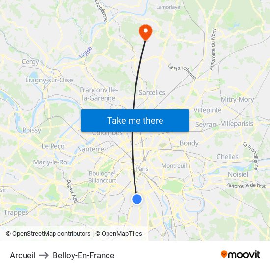 Arcueil to Belloy-En-France map