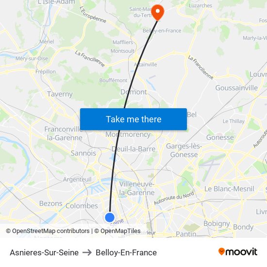 Asnieres-Sur-Seine to Belloy-En-France map