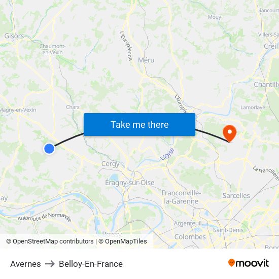 Avernes to Belloy-En-France map