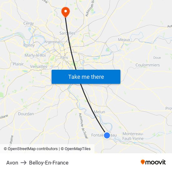 Avon to Belloy-En-France map