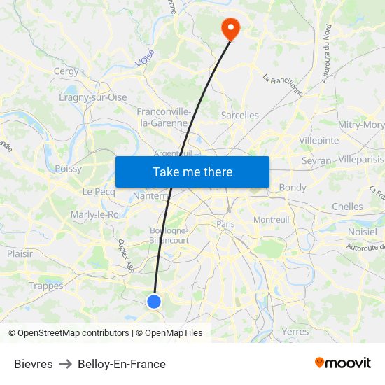 Bievres to Belloy-En-France map
