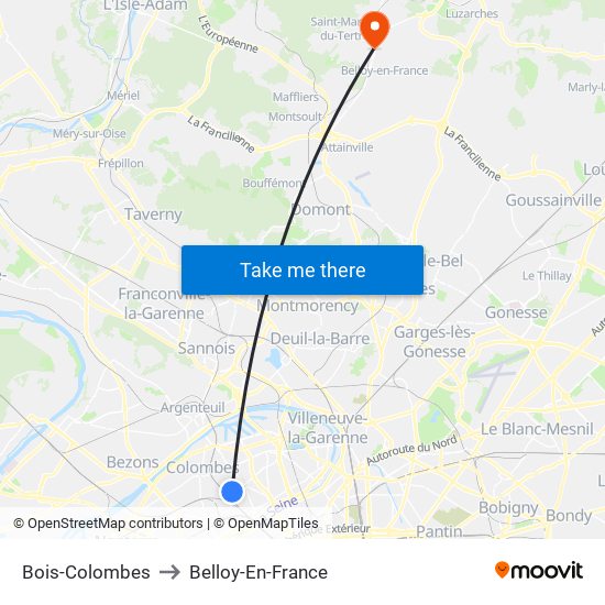 Bois-Colombes to Belloy-En-France map
