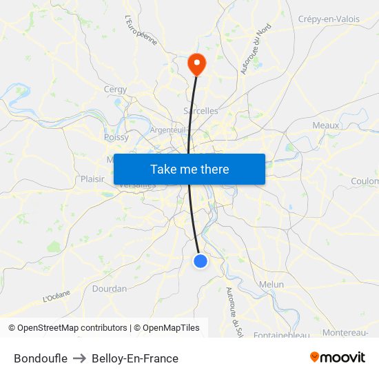 Bondoufle to Belloy-En-France map