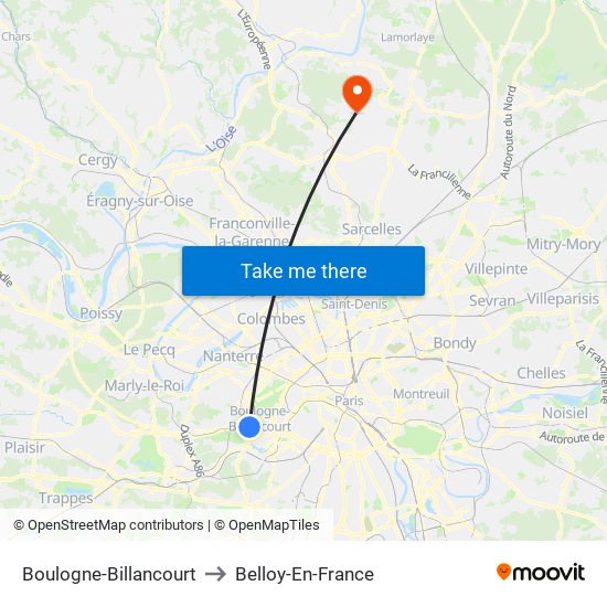 Boulogne-Billancourt to Belloy-En-France map