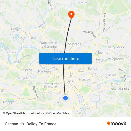 Cachan to Belloy-En-France map