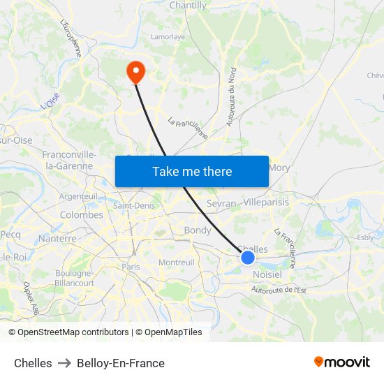 Chelles to Belloy-En-France map
