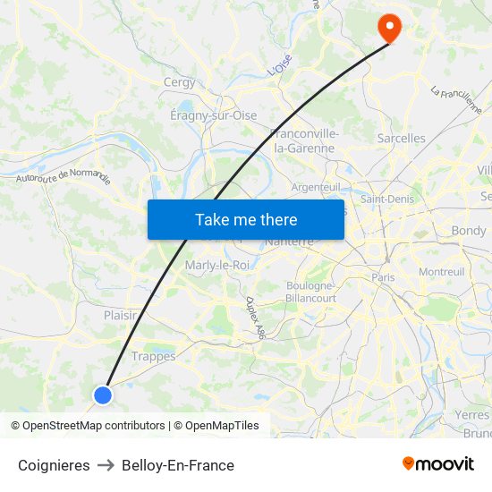 Coignieres to Belloy-En-France map