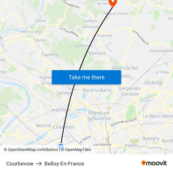 Courbevoie to Belloy-En-France map