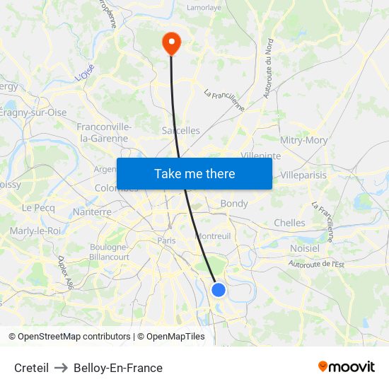 Creteil to Belloy-En-France map