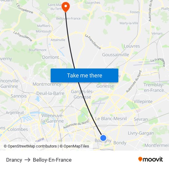Drancy to Belloy-En-France map