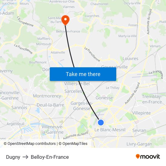 Dugny to Belloy-En-France map