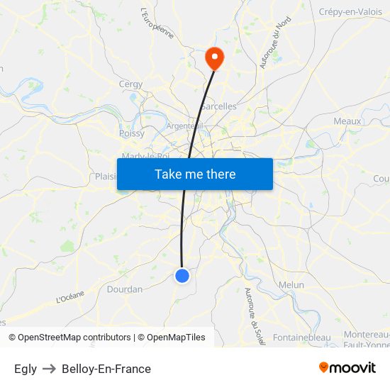 Egly to Belloy-En-France map
