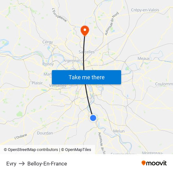 Evry to Belloy-En-France map