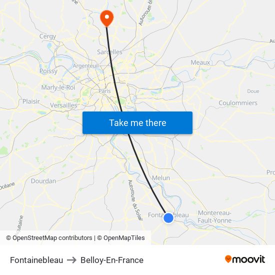 Fontainebleau to Belloy-En-France map