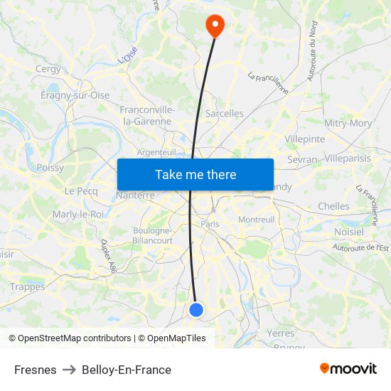 Fresnes to Belloy-En-France map