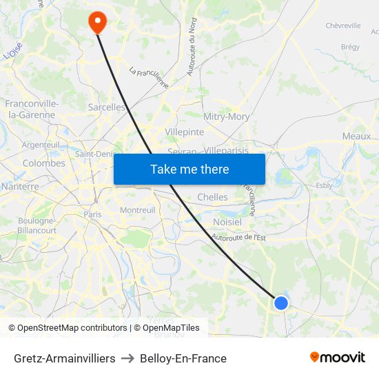 Gretz-Armainvilliers to Belloy-En-France map