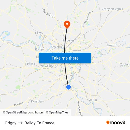 Grigny to Belloy-En-France map