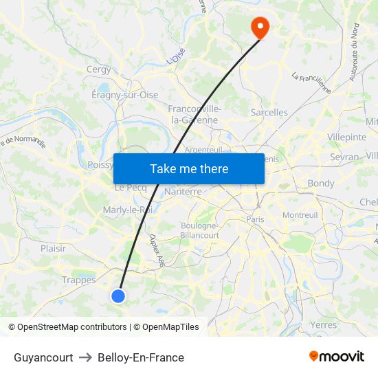 Guyancourt to Belloy-En-France map