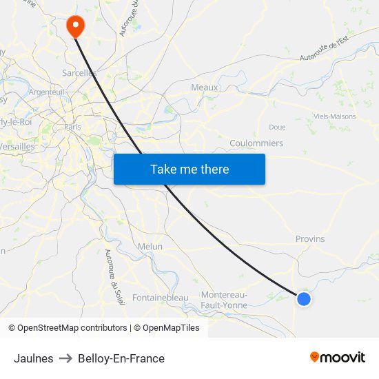 Jaulnes to Belloy-En-France map