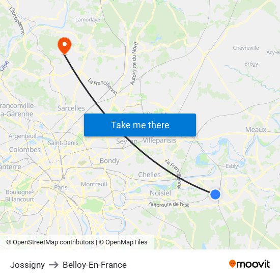 Jossigny to Belloy-En-France map