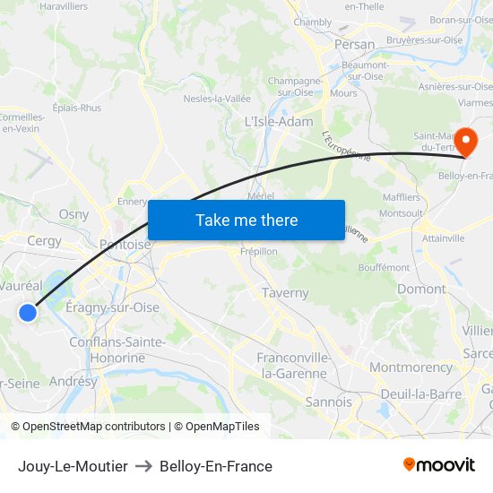 Jouy-Le-Moutier to Belloy-En-France map