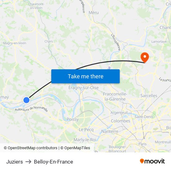 Juziers to Belloy-En-France map