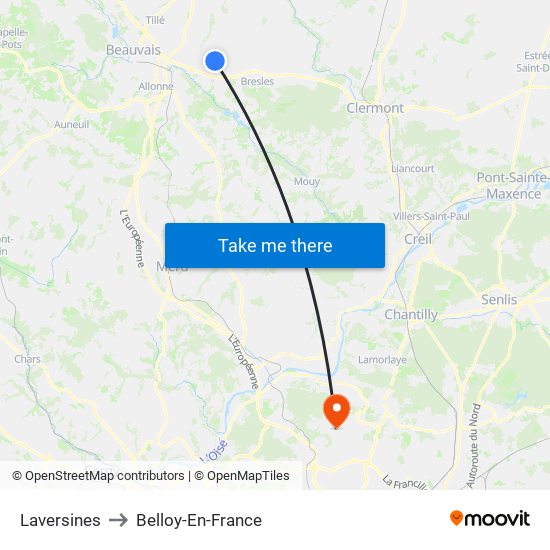 Laversines to Belloy-En-France map