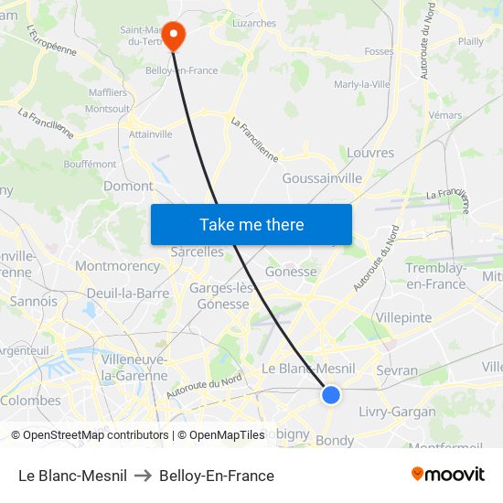 Le Blanc-Mesnil to Belloy-En-France map