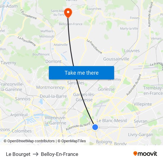 Le Bourget to Belloy-En-France map