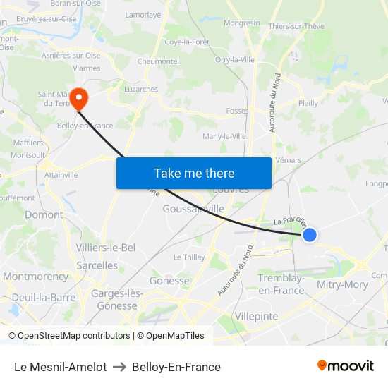 Le Mesnil-Amelot to Belloy-En-France map