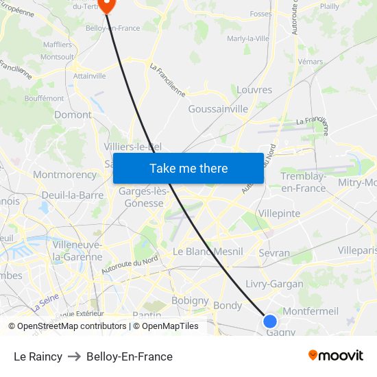 Le Raincy to Belloy-En-France map