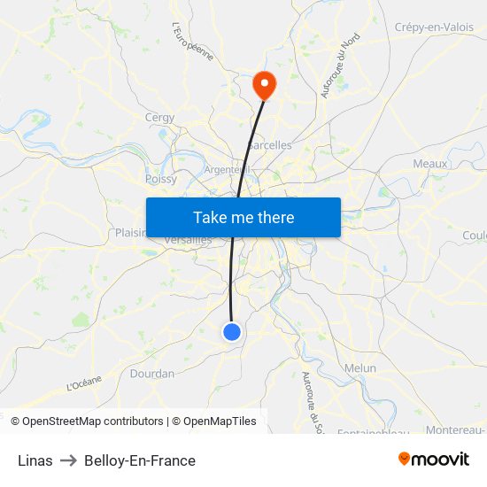 Linas to Belloy-En-France map