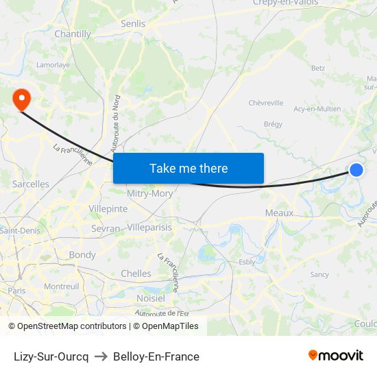 Lizy-Sur-Ourcq to Belloy-En-France map