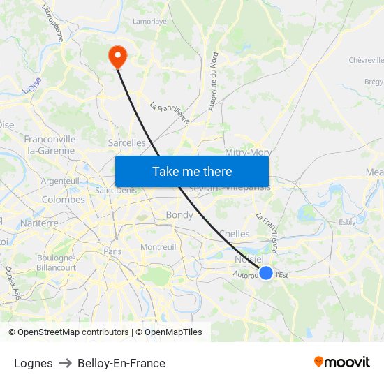 Lognes to Belloy-En-France map
