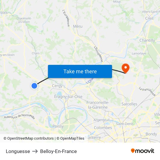 Longuesse to Belloy-En-France map