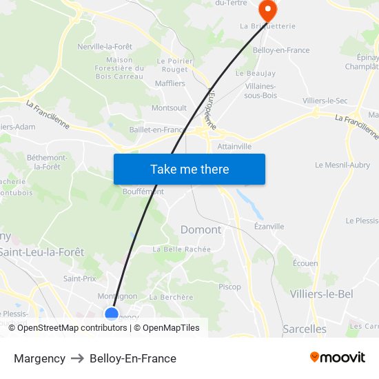 Margency to Belloy-En-France map