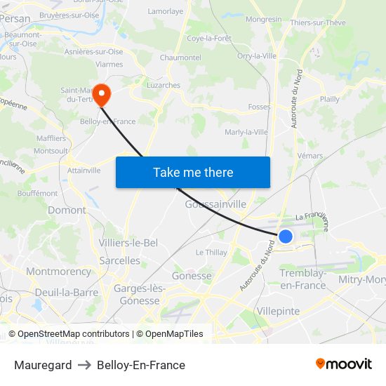 Mauregard to Belloy-En-France map