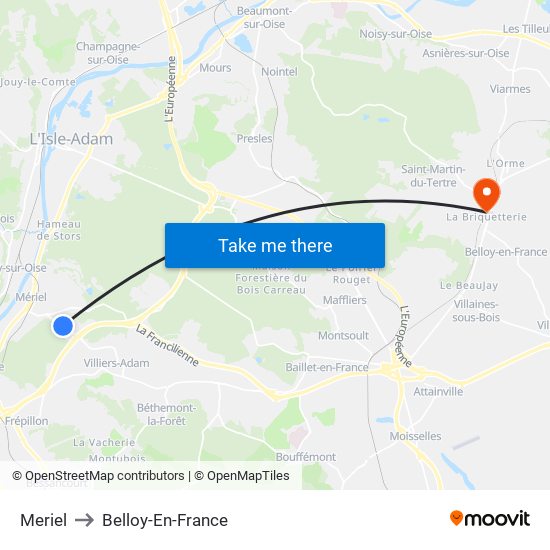 Meriel to Belloy-En-France map