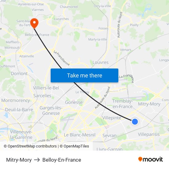 Mitry-Mory to Belloy-En-France map