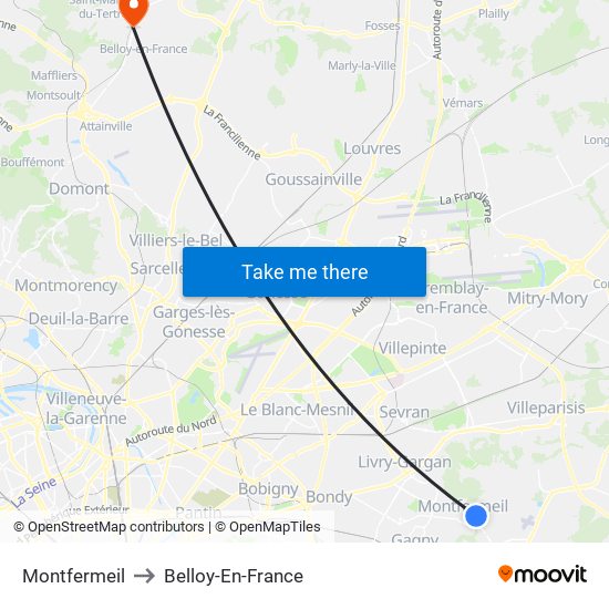 Montfermeil to Belloy-En-France map