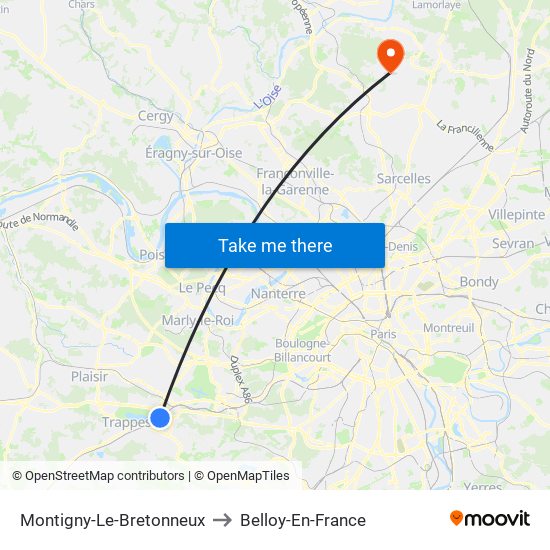 Montigny-Le-Bretonneux to Belloy-En-France map