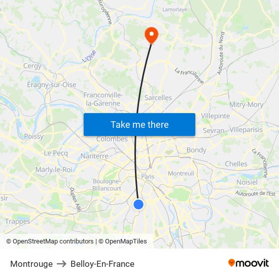 Montrouge to Belloy-En-France map
