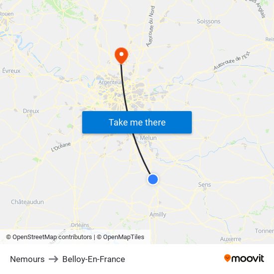 Nemours to Belloy-En-France map